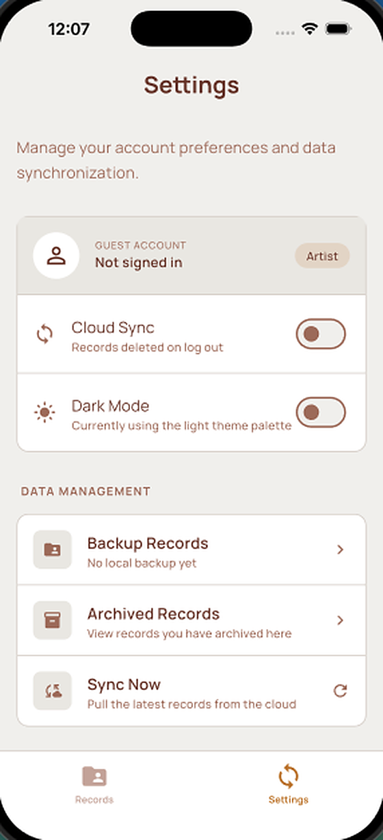 The settings screen with cloud sync and backup options